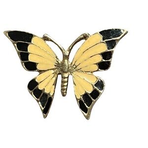 Black and Yellow Butterfly Brooch with Enameled Wings